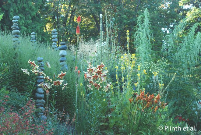 Stacked stone columns add vertical notes, relating to the spires of Verbascum, Lilium 'Sweetheart', and Datsica cannabina (on the right). 